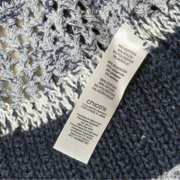 Chicos Blue White Textured Knit Fringe Boho Cottagecore Cardigan Small - Picture 9 of 13